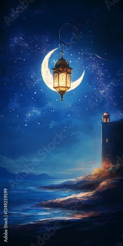 A silhouette house under a star-filled night sky, reflecting moonlight on a dark sea landscape