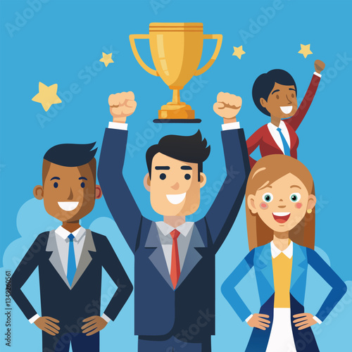 Celebrating collective success and achievement through powerful teamwork, business professionals revel in a triumphant moment.