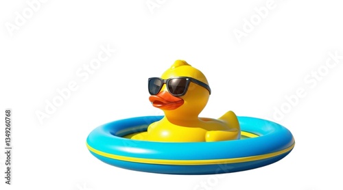 rubber duck in sunglasses and on an inflatable ring swims in the sea on vacation