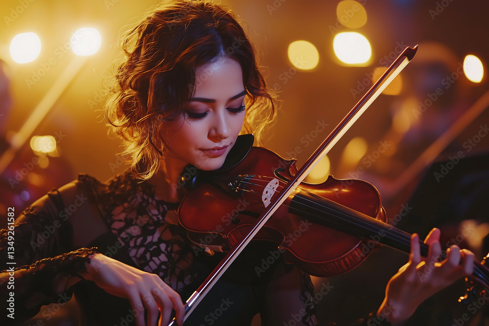 Fototapeta premium Violinist performing on stage in warm concert lighting