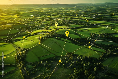 Aerial View of Connected Farmland with Location Markers