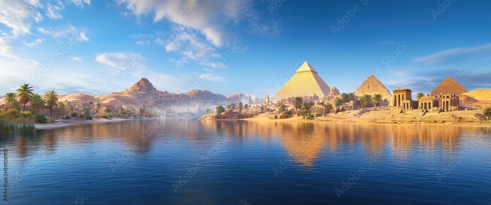 Naklejka premium Panoramic view of the Nile River with pyramids and the Sphinx in Egypt, a beautiful blue sky with white clouds