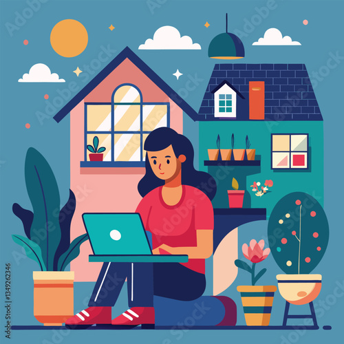 Woman Working From Home with Laptop