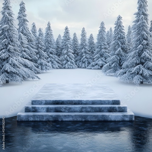 Obraz na płótnie A majestic ice-carved podium standing in the middle of a frozen lake, surrounded by snow-covered trees. w salonie