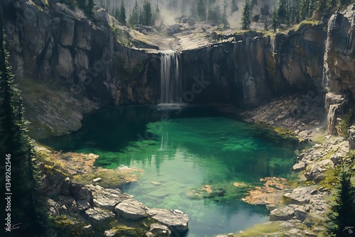 A tranquil lake reflecting deep green shades, enclosed by rugged formations.