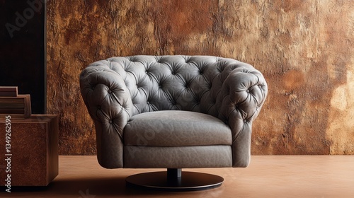 Grey tufted leather armchair on a rotating base against a rustic brown wall.