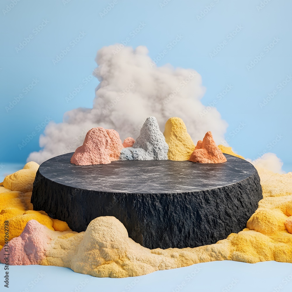 A podium made of smooth black volcanic rock, encircled by steaming geysers and colorful mineral deposits.