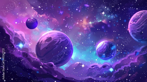 Illustration space planet fiction game on cartoon purple cosmic background. AI generated image 
