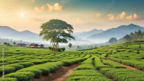 A serene landscape view of lush green tea plantations rolling over hills,