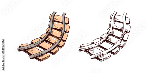 Hand-drawn colored and monochrome railway track illustration in vintage sketch style