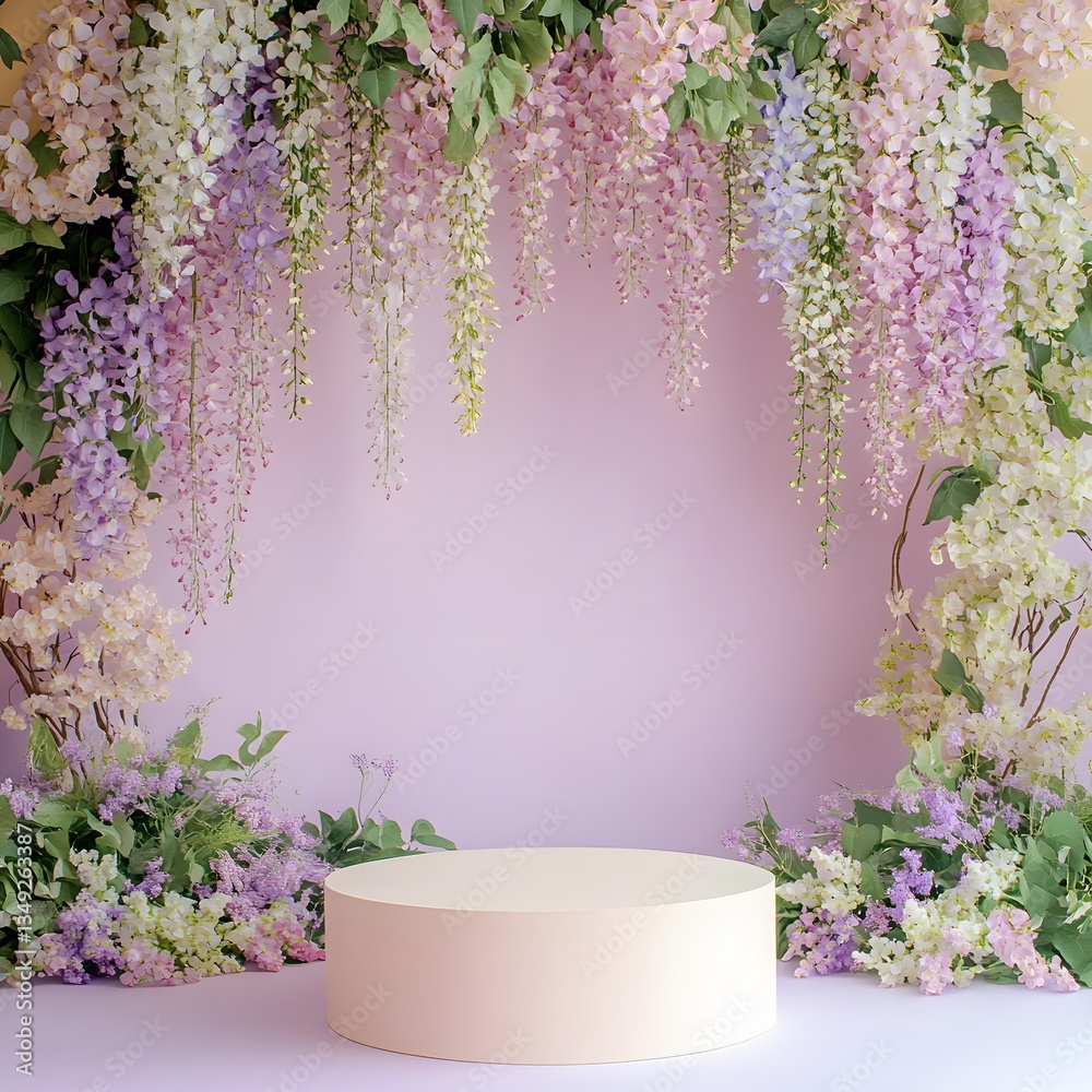 A podium adorned with cascading wisteria flowers, placed in a dreamy pastel-colored garden.