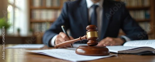 Lawyer works in office. Legal expert in suit reads contract, prepare documents, defend client in court. Judge gavel on table, law concept. Justice, legal system. Professional legal advice.