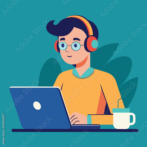Creative Person Working with Laptop enjoying music at Home
