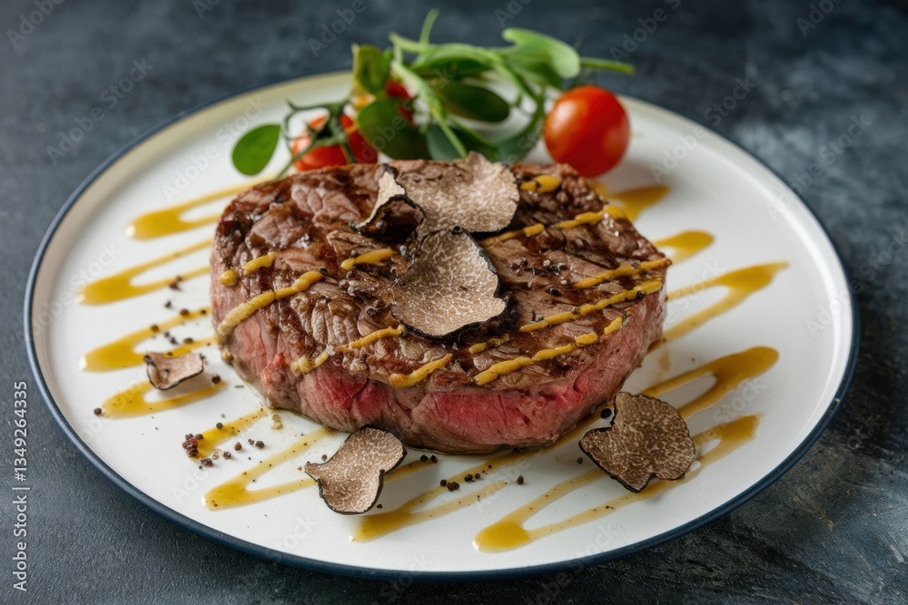 Medium rare steak with truffle and mustard sauce, garnished with cherry tomatoes and microgreens Medium rare steak with truffle and mustard sauce, garnished with cherry tomatoes and microgreens