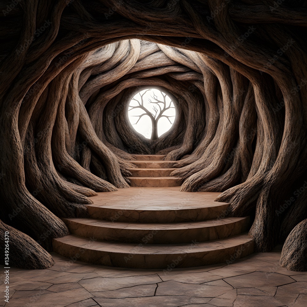 A podium constructed from massive tree roots, set deep within an ancient enchanted forest.