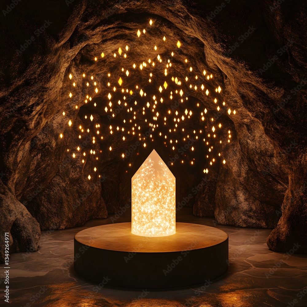 A podium built from shimmering crystals, surrounded by floating pollen-like lights in a hidden cave.