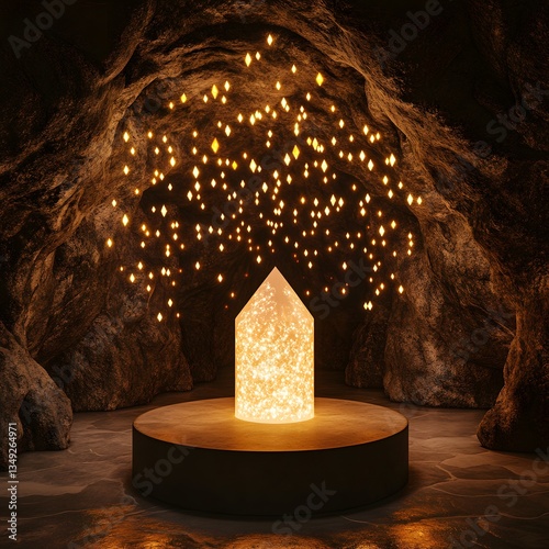 Obraz na płótnie A podium built from shimmering crystals, surrounded by floating pollen-like lights in a hidden cave. w salonie