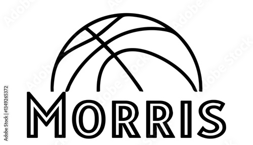 Morris- first name written in sport style and stylized basketball sketch; black color;  vector graphics for banners, cards, sweatshirts, prints, cricut, silhouette, sublimation
