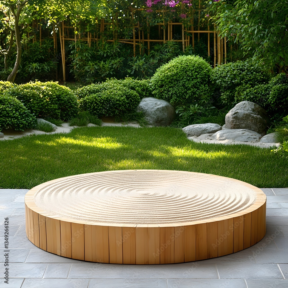 A podium made of natural bamboo, placed in the middle of a tranquil Zen garden with raked sand patterns.