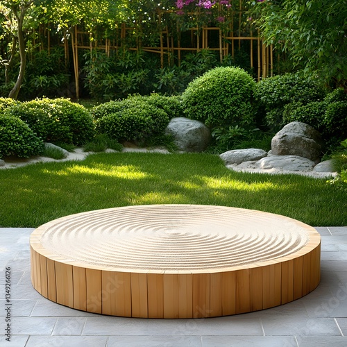 Obraz na płótnie A podium made of natural bamboo, placed in the middle of a tranquil Zen garden with raked sand patterns. w salonie