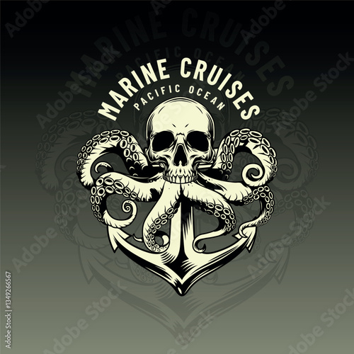Marine Cruises Pacific Ocean Skull Octopus Anchor Art