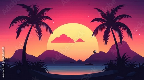 Vibrant sunset over a tropical island, palm trees swaying in the breeze against a colorful sky backdrop