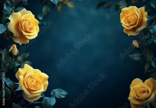 Moody Yellow Roses Frame Dark Blue Background