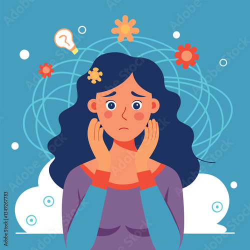 Vector illustration of a stressed woman overwhelmed by anxious thoughts and mental health struggles.