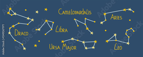 Constellation set. Astrology symbols. Constellations with names. Star constellation and star maps, night sky. Mythical celestial navigation design. Vector isolated on white background