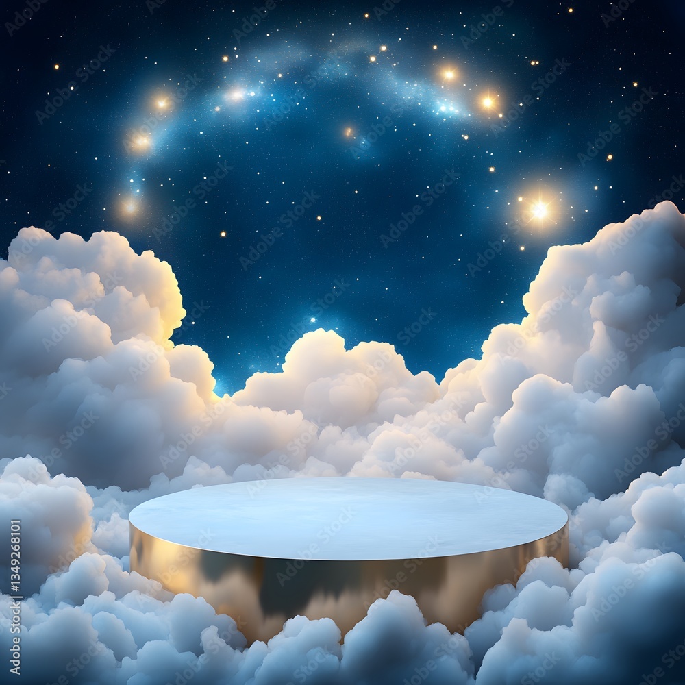 A floating podium made of clouds, surrounded by a dreamy celestial sky with soft glowing stars.