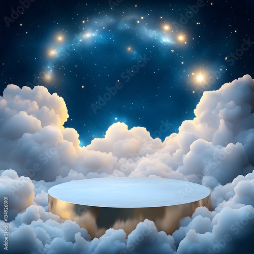 Obraz na płótnie A floating podium made of clouds, surrounded by a dreamy celestial sky with soft glowing stars. w salonie