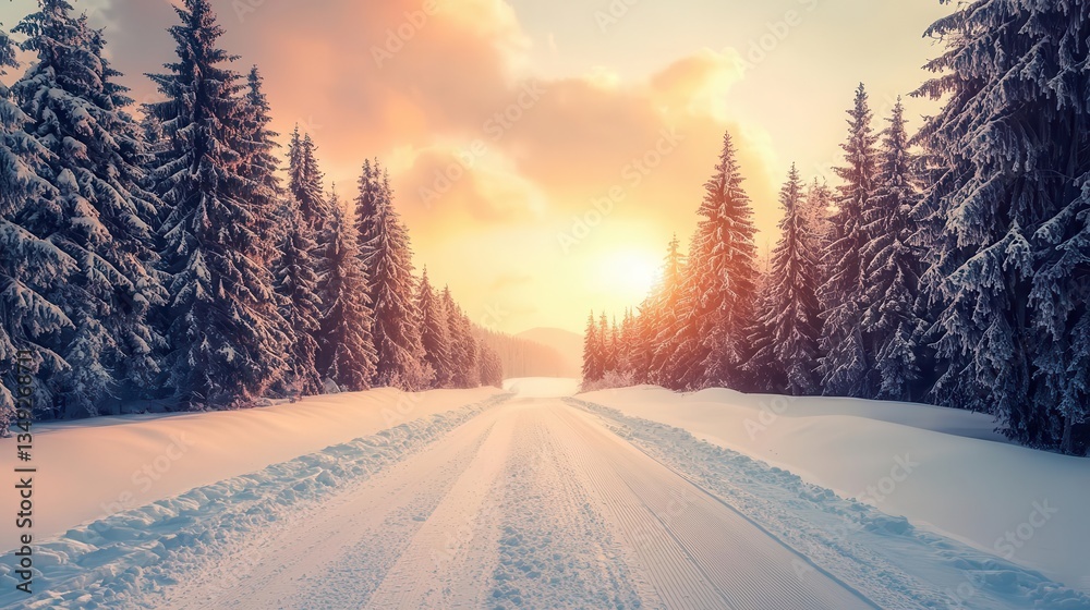 Snowcovered country road lined with frosted pine trees, soft golden sunlight breaking through winter clouds Snowcovered country road lined with frosted pine trees, soft golden sunlight breaking through winter clouds