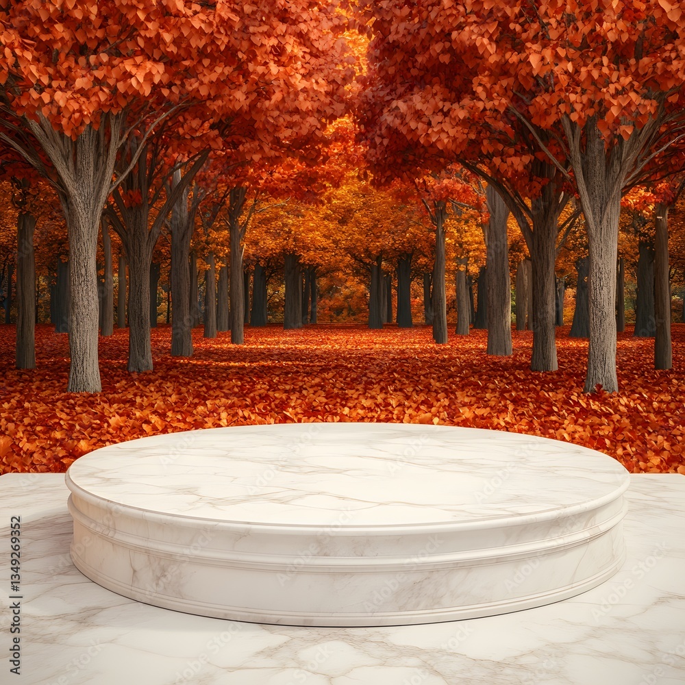 A podium made of white marble with golden leaf details, set in a peaceful autumn park with red and orange foliage.