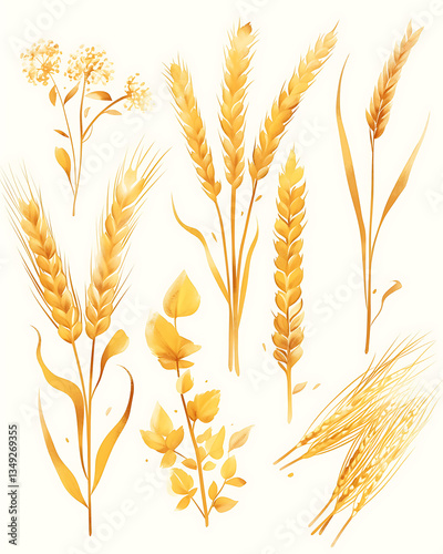 .Illustration of trees, leaves, grass and various botanical elements on a white background.