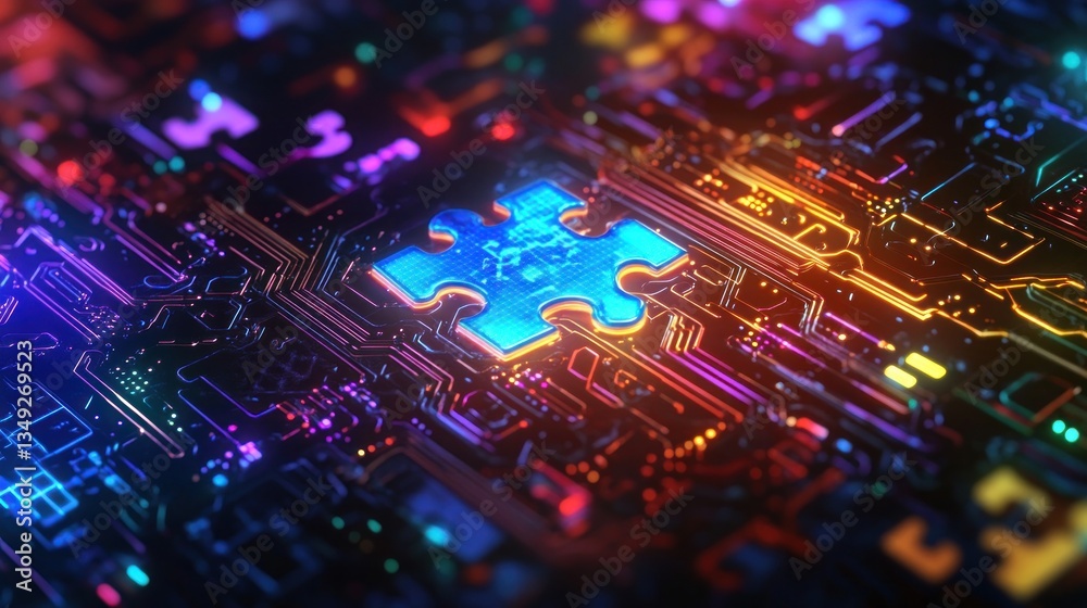 Glowing puzzle piece on circuit board; digital solution Glowing puzzle piece on circuit board; digital solution