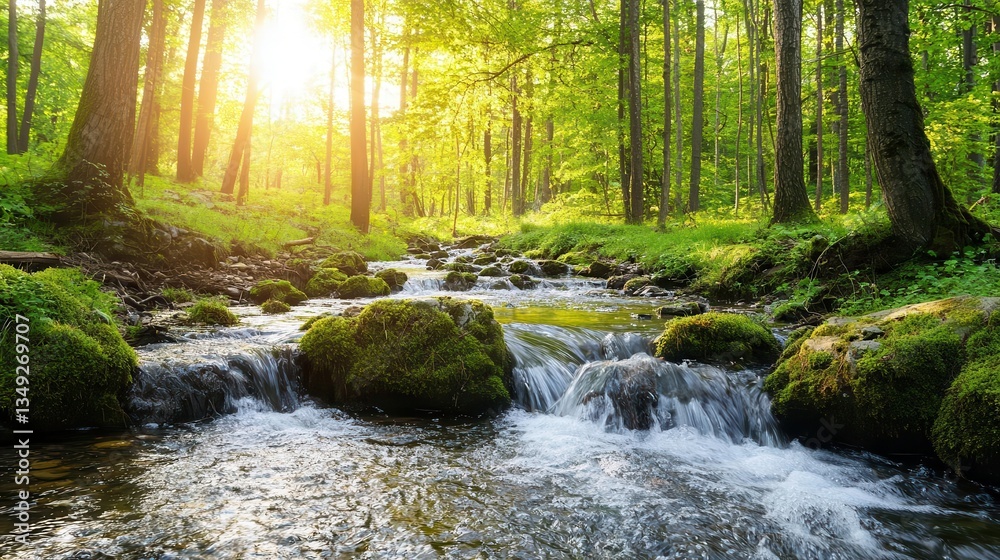 Obraz premium Quiet forest stream with small cascades over rocks, mosscovered banks and soft sunlight filtering through trees