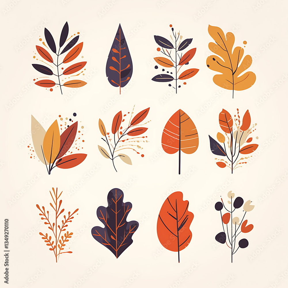 Fototapeta premium .Illustration of trees, leaves, grass and various botanical elements on a white background.