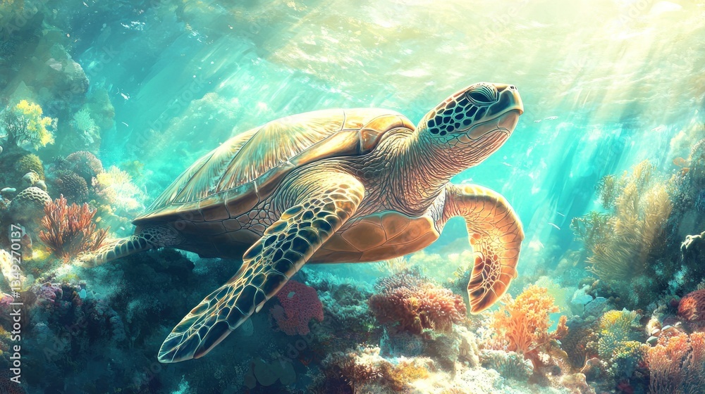 Fototapeta premium Sea turtle swimming coral reef sunlight ocean nature