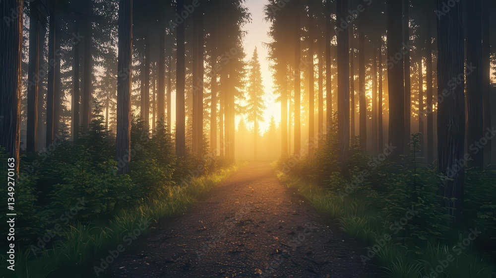 Obraz premium Golden sunrise over a tranquil forest path, soft light filtering through tall trees and misty air