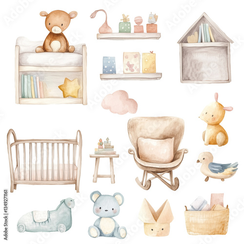 Set of watercolor boho toys, kids room staff, rainbow, bear, bird on white background, baby shower invite design	

