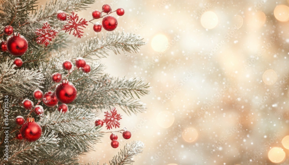 Snow Covered Fir Branches with Red Ornaments and Berries, Warm Bokeh Background Snow Covered Fir Branches with Red Ornaments and Berries, Warm Bokeh Background