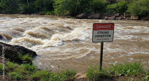 River Rushing with Strong Current Warning Sign Near Grassy Shore