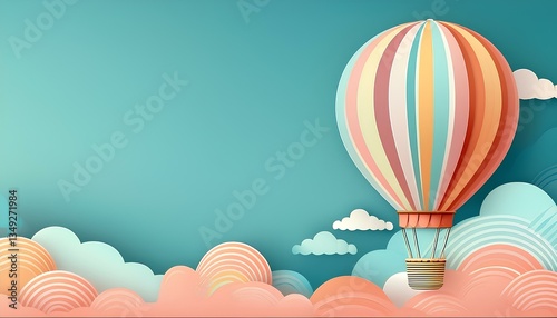 Cartoon illustration of hot air balloon on blue sky and clouds.