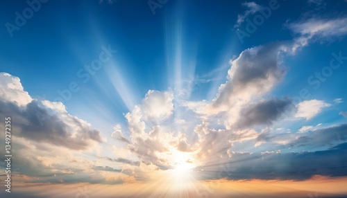 Heavenly concept with blue skies and clouds with bright sunshine.