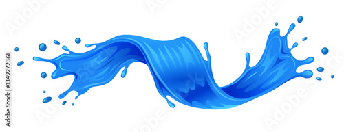 Realistic liquid blue water wave splash isolated on white background. Swirl with drops.