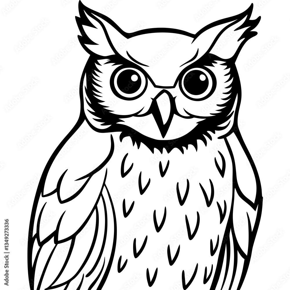 Obraz premium Wise Owl Illustration: A stylized illustration of a wise owl with detailed feather patterns and sharp eyes, a symbol of wisdom and knowledge.