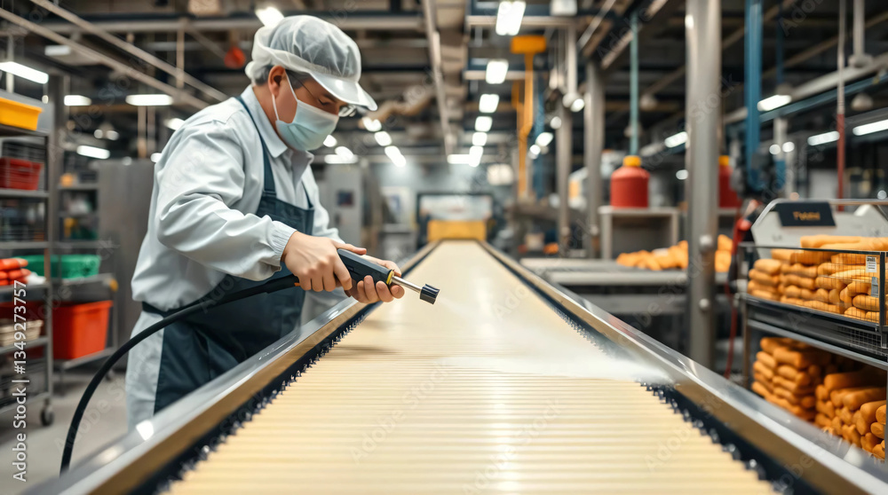 A worker using a sanitizing spray to clean a conveyor belt in a food manufacturing facility A worker using a sanitizing spray to clean a conveyor belt in a food manufacturing facility