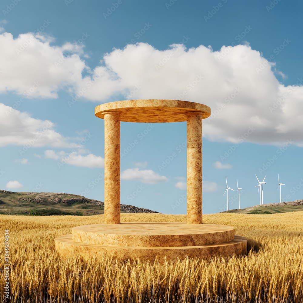 A podium built from golden wheat, standing in the middle of a vast countryside field with windmills in the distance.