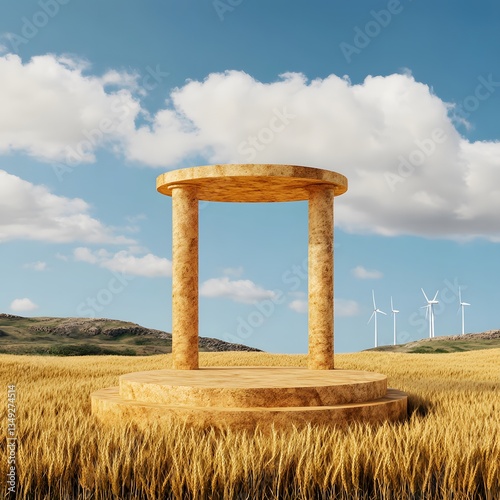 A podium built from golden wheat, standing in the middle of a vast countryside field with windmills in the distance.