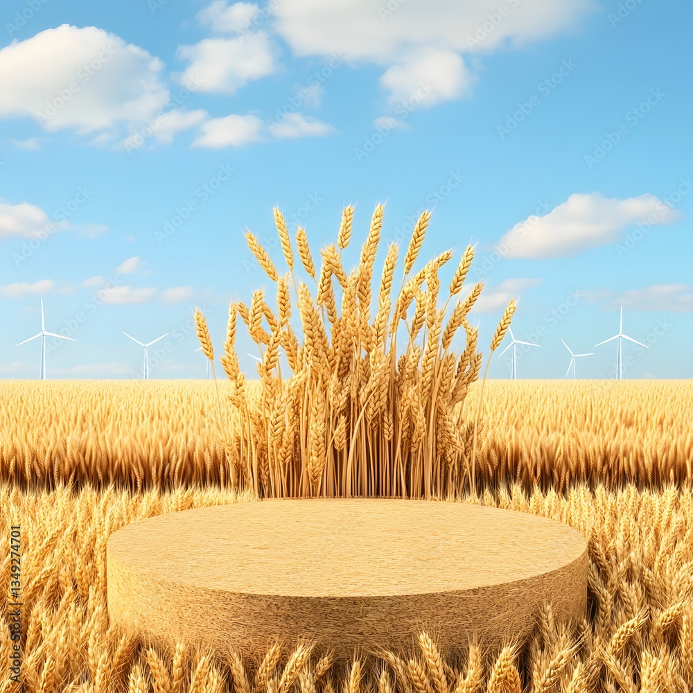 A podium built from golden wheat, standing in the middle of a vast countryside field with windmills in the distance.
